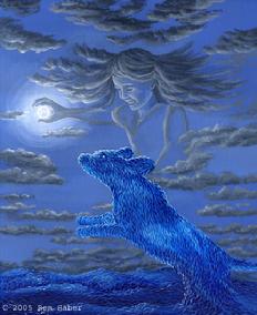 Girl playing with dog at night painting
