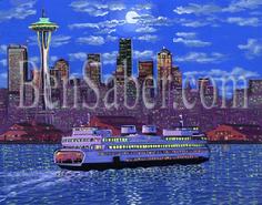 Seattle skyline ferry painting night lights water front picture