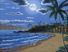 black rock kaanapali beach   painting art print canvas picture moon light