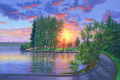 Painting 711: Greenlake sunset, Seattle. Original acrylic painting on canvas 24 x 36 inches. This painting is available. On sale: $ 585 (free shipping)