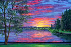Painting #708: Sunset Glow, Greenlake Seattle. Original acrylic painting on canvas 24 x 36 inches. This original painting is available for sale $585. (free shipping). Please contact the studio.  Quality prints on canvas are also available. Click on image for more info