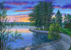 Painting 718: Greenlake Path At Sunset, Seattle. Original acrylic painting on canvas 24 x 36 inches (available)
