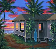 Hawaiian beach cabin sunset painting photo image
