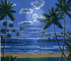 tropical beach night moon lit palm trees painting picture