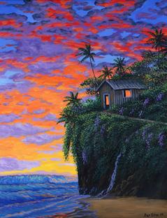 Hawiian cabin painting beach sunset