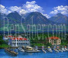 Lahaina town aerial picture painting west Maui mountains harbor old courthouse pioneer inn hotel plantation sugar cane