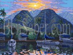 Painting # 564 Lahaina Harbor at Sunrise, Maui Hawaii. Original acrylic painting on canvas 18x24 inches stretched