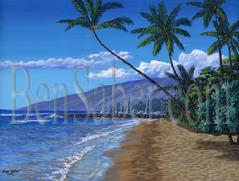 Painting #511 Molokai and Lahaina Harbor From Beach. Original acrylic painting on canvas 18x24 inches stretched