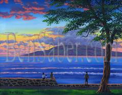 Painting #182 Lahaina Harbor and The Island of Lanai After Sunset. Original acrylic painting on Canvas board 16x20 inches.