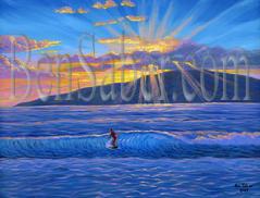 Painting #515 Lahaina Harbor Surfer. Original acrylic painting on canvas 18x24 inches stretched and ready to hang. This is a view from Lahaina Harbor in Maui Hawaii, looking at the island of Lanai at sunset. This location is a favorite spot for local surfers.