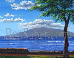 Painting #180 Lahaina Harbor and the Island of Lanai in the Morning. Original acrylic painting on canvas board 16x20 inches.
