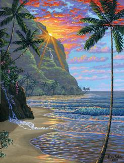 tropical beach sunset mountains painting picture