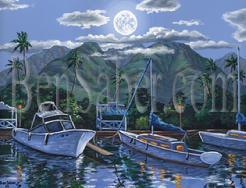 Painting #565 Lahaina Harbor Moon. Original acrylic painting on canvas 18x24 inches