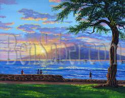 #181 Lahaina Harbor and The Island of Lanai at Sunset. Original acrylic painting on canvas board 16x20 inches