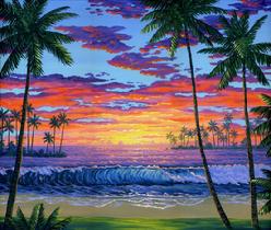Hwaiian beach sunset painting palm trees ocean sea