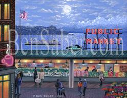 pike place market painting seattle ferry alki night olympic mountains