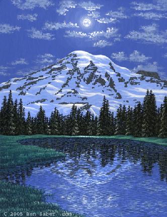 Painting Mount Rainier at Night, Washington picture lake moon tree snow glacier