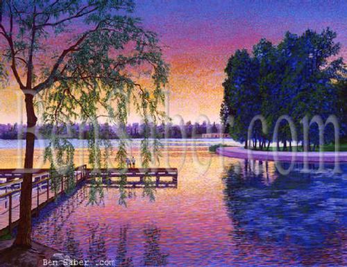 greenlake seattle painting picture print sunset dock trail fish