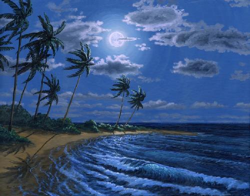Hawaiian beach in the moonlight painting picture ocean moon night sand palm tree wave