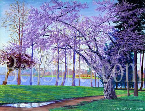 greenlake painting art green lake picture cherry blossom flowers