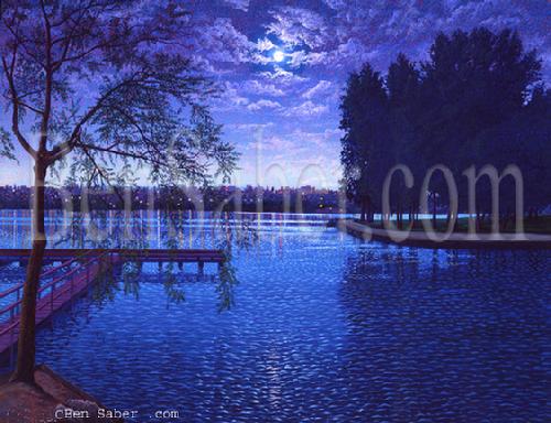 greenlake green lake night moon painting seattle park picture