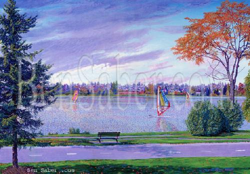 greenlake painting green lake picture windsurfer trail path bench