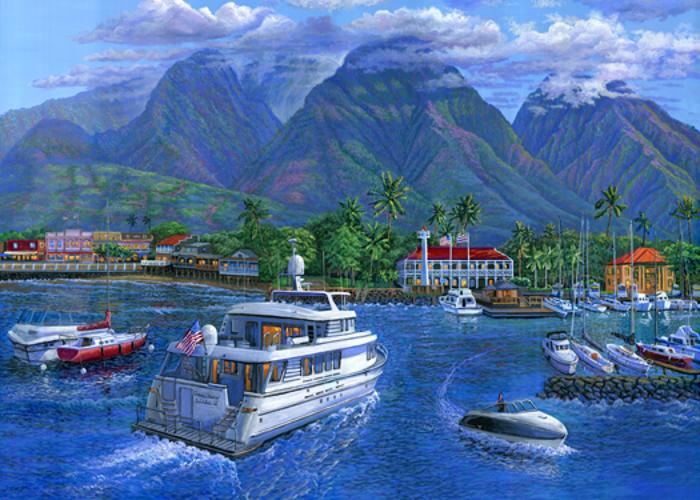 Lahaina town harbor painting Maui Hawaii